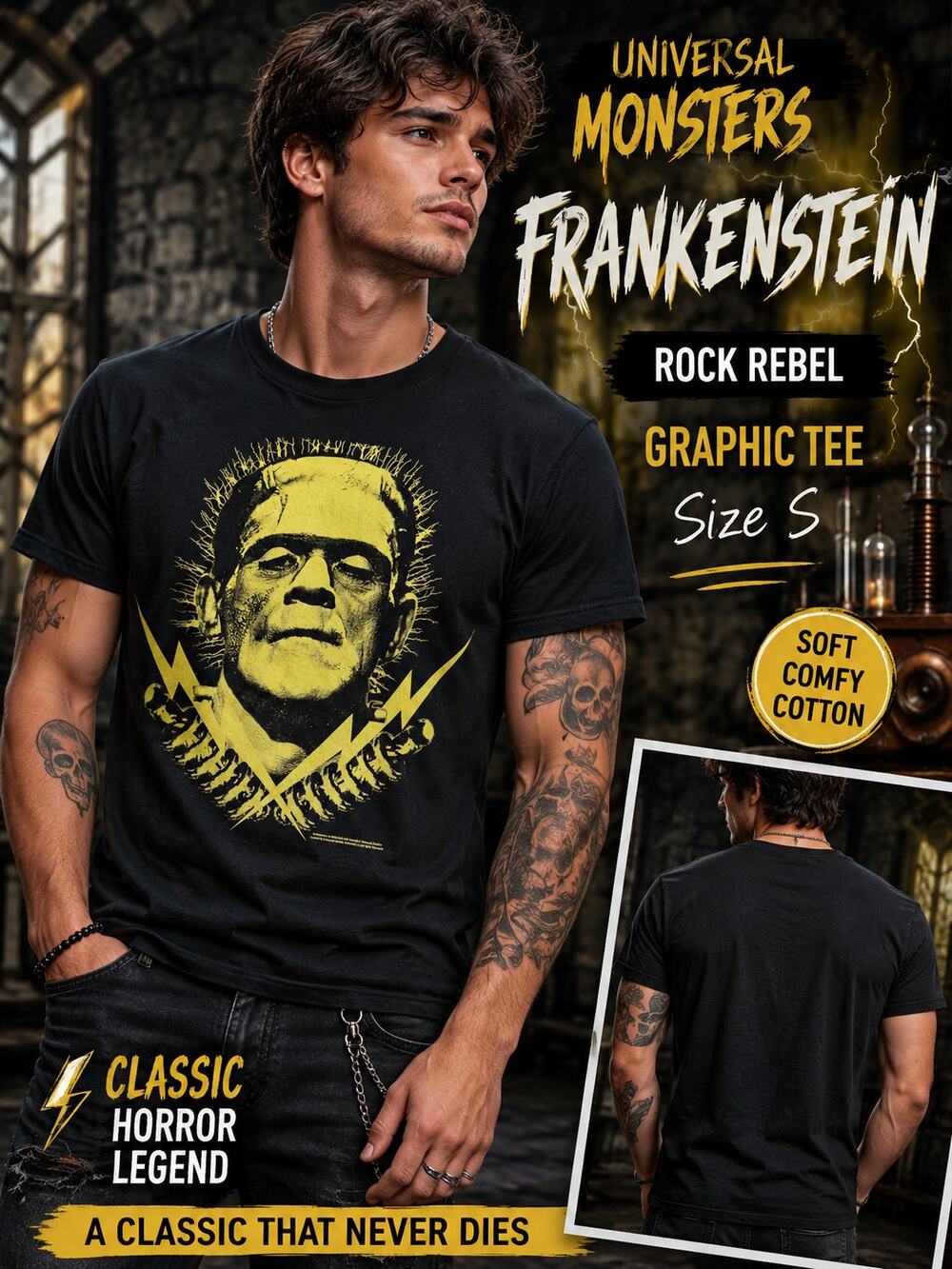 Rock Rebel Universal Monsters Frankenstein Graphic Tee Black Small Horror Shirt